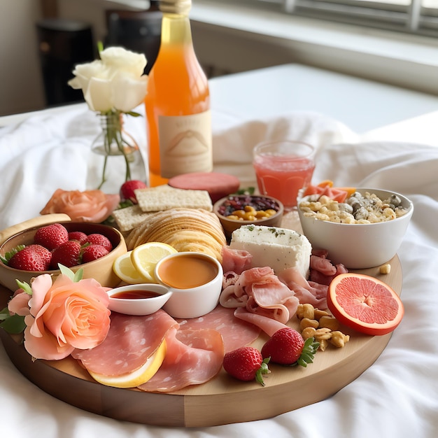 una impresionante tabla de desayuno colocada en una cama blanca