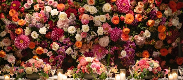 Impresionante telón de fondo floral para una mesa de buffet