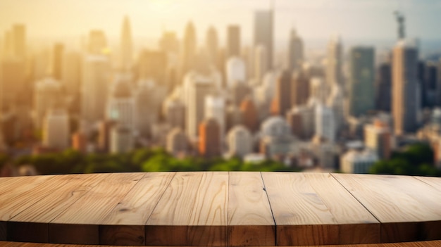 Impresionante telón de fondo de paisaje urbano en una mesa de madera rústica Impresionante imagen de stock generada por AI