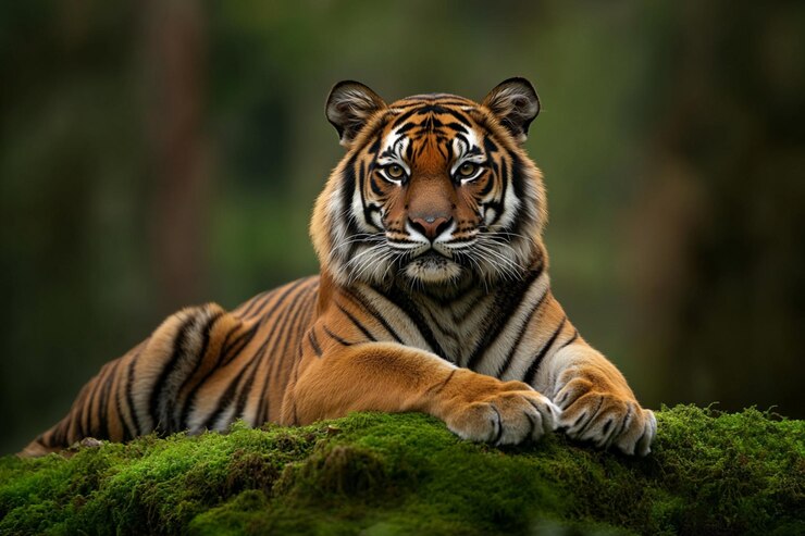 Un impresionante tigre en varias poses contra un fondo de musgo capturado en ultra alta definición