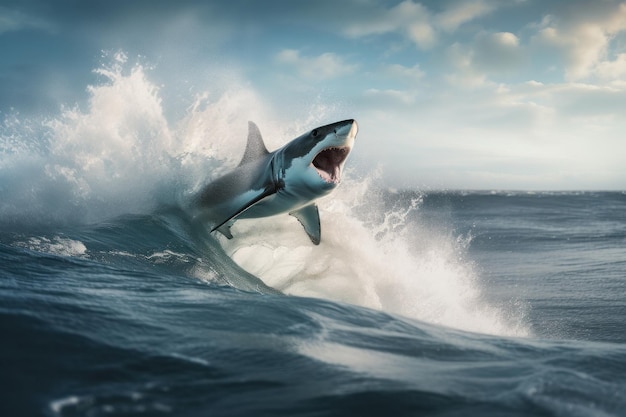 Una impresionante toma de acción de un gran tiburón blanco saltando fuera del agua