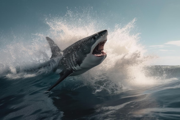 Una impresionante toma de acción de un gran tiburón blanco saltando fuera del agua