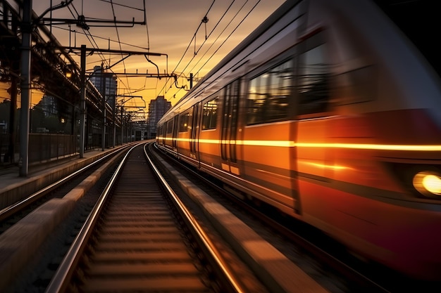 Impresionante toma del atardecer del tren Arafed deslizándose por las vías con paisaje urbano