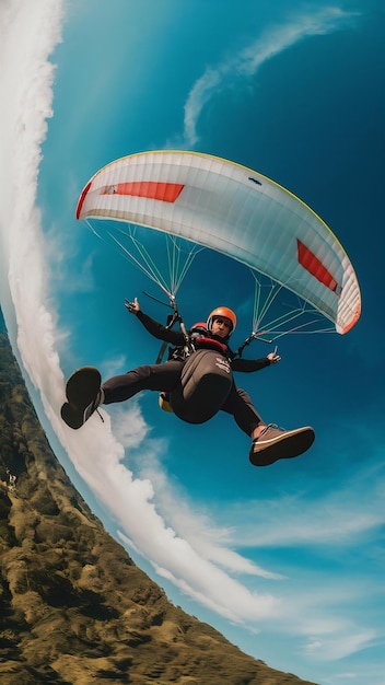 Foto impresionante toma de un humano en parapente en el cielo azul