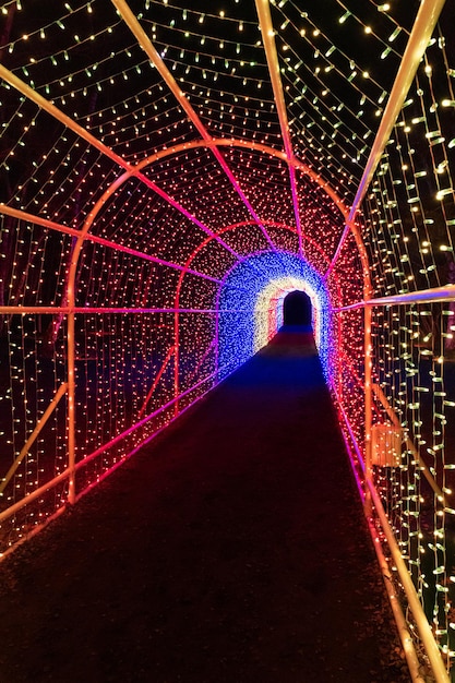 Foto impresionante túnel de luces navideñas iluminado en la oscuridad