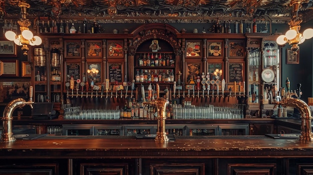Una impresionante variedad de elaborados y ornamentados grifos de cerveza alineando el mostrador de madera oscura del bar que muestra