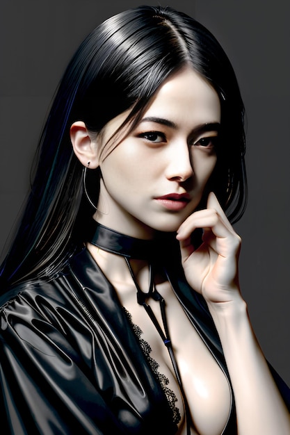 Foto impresionante vestido negro coreano chica japonesa impresionante figura del cuerpo y postura ai imágenes