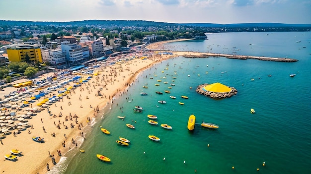 Una impresionante vista aérea de una animada ciudad costera que destaca la vibrante interacción entre la vida urbana y la relajación junto al mar