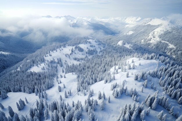 Impresionante vista aérea de los árboles cubiertos de nieve en la montaña Velika Planina, Eslovenia