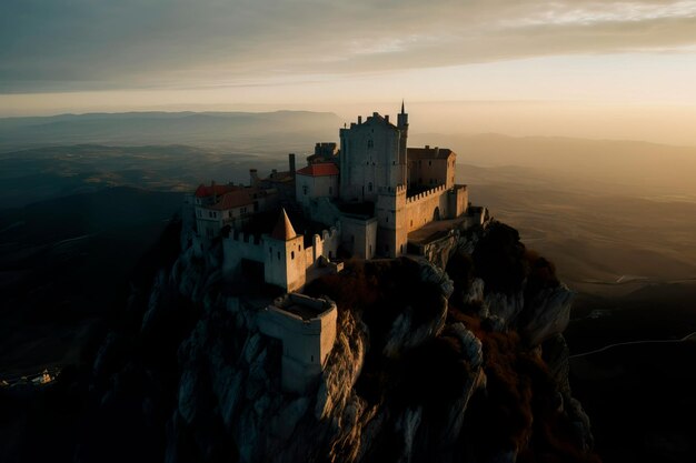 Impresionante vista aérea de un castillo o fortaleza histórica en lo alto de un acantilado escarpado y rodeado de impresionantes vistas IA generativa