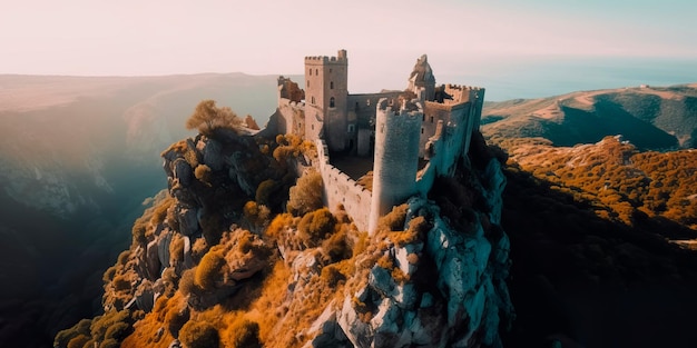 Impresionante vista aérea de un castillo o fortaleza histórica en lo alto de un acantilado escarpado y rodeado de impresionantes vistas IA generativa