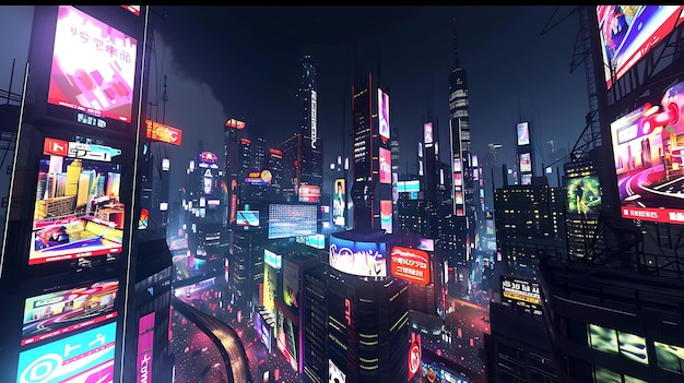 Una impresionante vista aérea de una ciudad futurista por la noche La ciudad está llena de rascacielos y luces brillantes