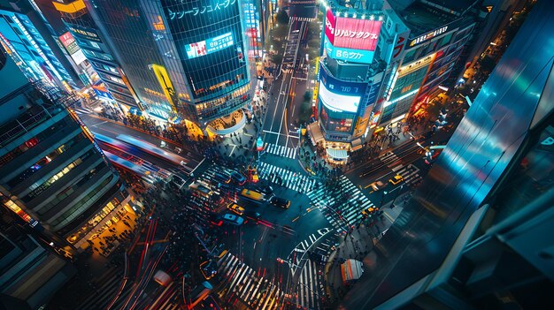 Foto una impresionante vista aérea de una concurrida intersección en una ciudad moderna por la noche las luces de la ciudad y el tráfico crean una escena hermosa y vibrante