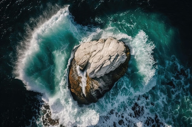 Una impresionante vista aérea de una formación rocosa en medio del océano Las olas chocan contra las rocas irregulares creando un fascinante patrón de espuma y rocío IA generativa