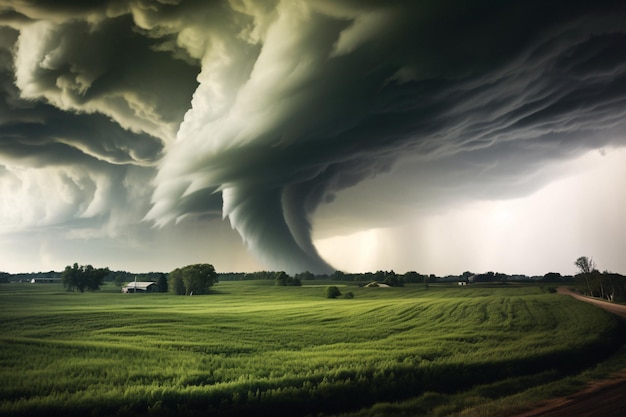 Impresionante vista aérea de una majestuosa nube de tornado sobre un exuberante campo verde con un pintoresco camino de tierra Gen...