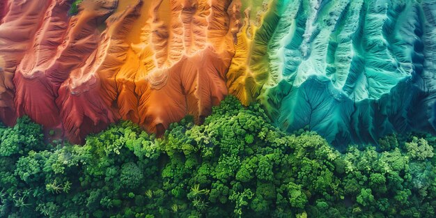 Foto impresionante vista aérea de las montañas del arco iris y el exuberante bosque