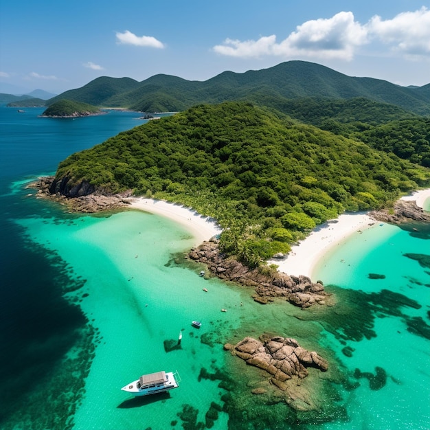 Impresionante vista aérea de una serena isla intacta en las islas menos conocidas de Hong Kong