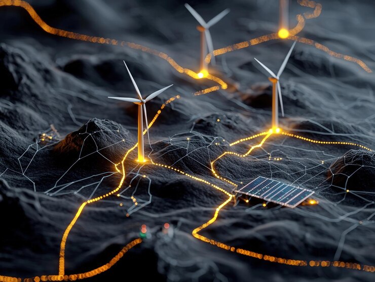 Una impresionante vista aérea de las tecnologías de energía renovable con turbinas eólicas y paneles solares en un paisaje montañoso