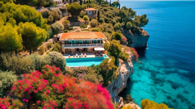 Una impresionante vista aérea de una villa mediterránea con vistas panorámicas al mar y una piscina infinita