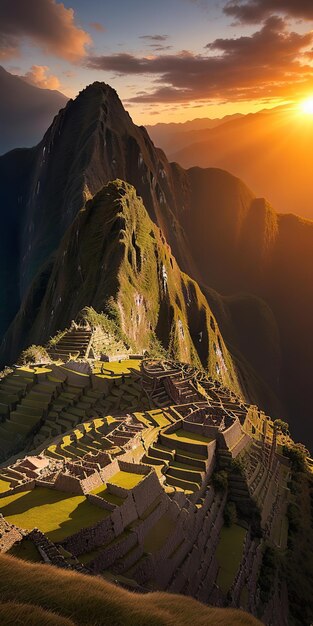 Una impresionante vista del atardecer de Machu Picchu, la antigua ciudadela Inca encaramada en lo alto de las montañas de los Andes.