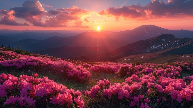 Impresionante vista del atardecer sobre las flores de rododendro en las montañas de los Cárpatos