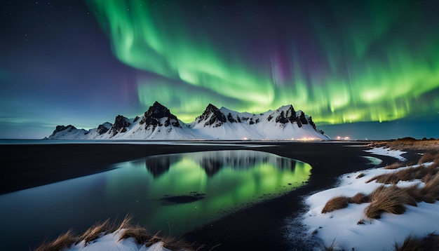 Impresionante vista de la aurora boreal verde que brilla en el cielo nocturno sobre la cordillera nevada