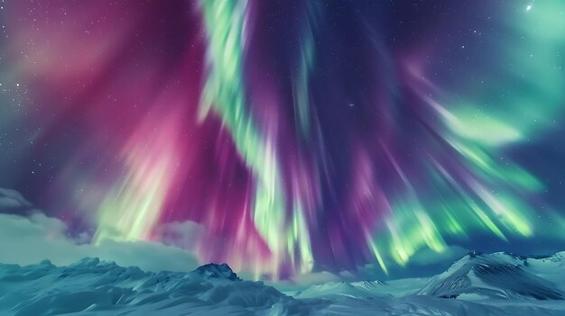 Foto impresionante vista de las auroras boreales en el cielo nocturno sobre las montañas cubiertas de nieve