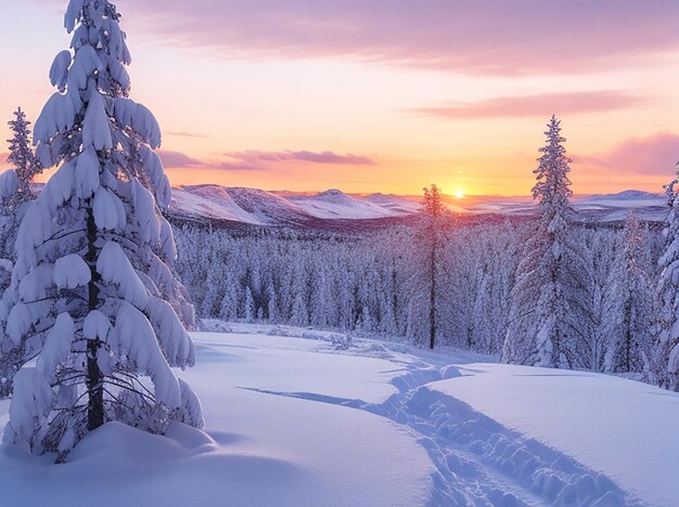 Impresionante vista de un bosque cubierto de nieve durante la puesta de sol en Noruega