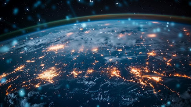 Impresionante vista espacial de la Tierra con una red de conexiones digitales entre satélites en órbita