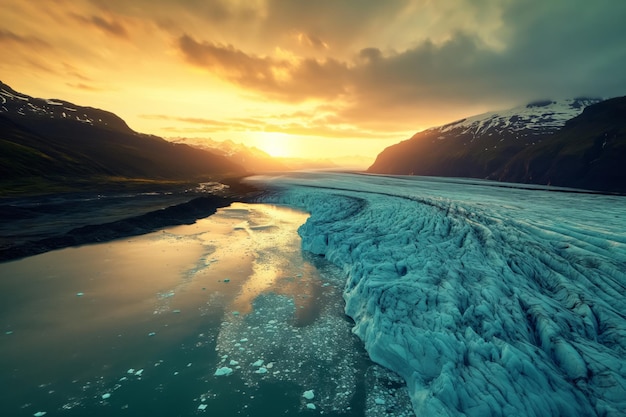 Impresionante vista del glaciar y las montañas al atardecer