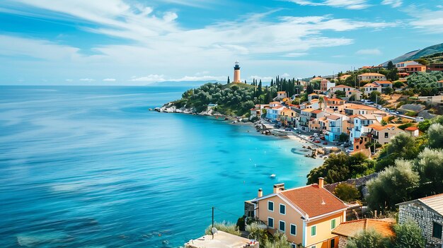 Impresionante vista de un hermoso pueblo costero con casas coloridas y un faro en un día soleado con cielo azul y mar