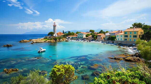 Impresionante vista de un hermoso pueblo mediterráneo con un faro en la costa rocosa Mar azul con aguas cristalinas