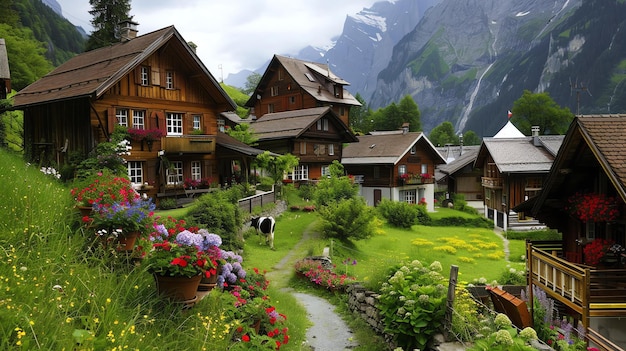Impresionante vista de un hermoso pueblo pequeño enclavado en los Alpes suizos El pueblo está rodeado de exuberantes prados verdes y montañas cubiertas de nieve