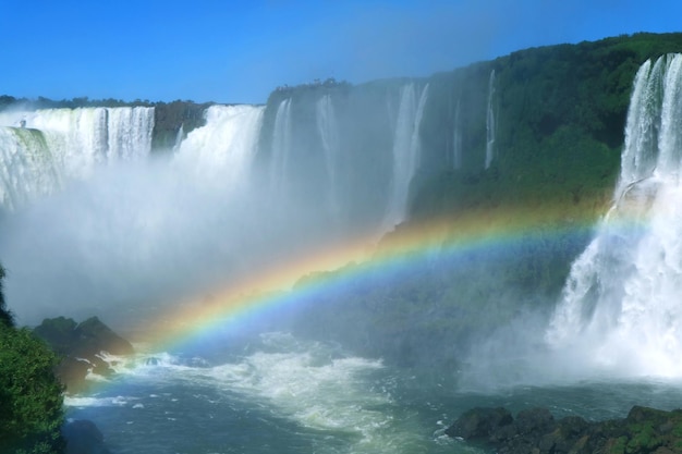 Impresionante vista del lado brasileño de las Cataratas del Iguazú con un hermoso arco iris en Foz do Iguacu Brasil