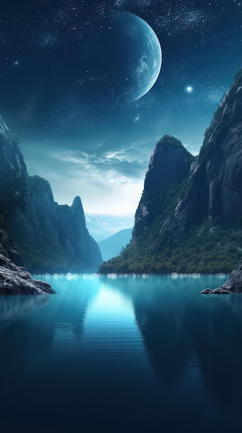 Impresionante vista del lago azul turquesa y las altas montañas generadas por la IA