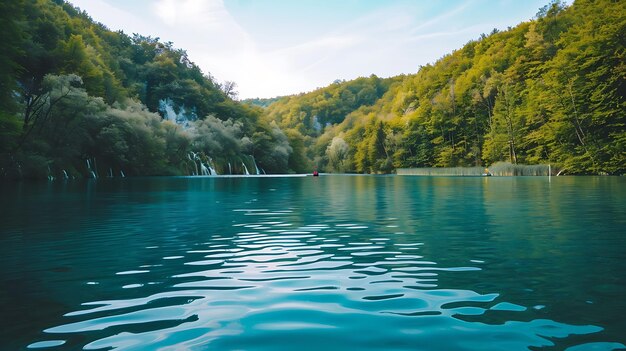 Foto impresionante vista de un lago de montaña con aguas cristalinas rodeado de árboles verdes y acantilados