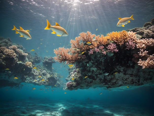 Impresionante vista de bajo el mar con hermosos peces y arrecifes coloridos con aguas cristalinas