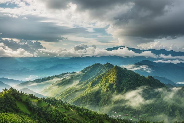 Impresionante vista de la naturaleza salvaje de la capa de bosque de montaña paisaje con cielo nublado paisaje verde natural de nubes y laderas de montaña de fondo MaehongsonThailandia vista panorámica