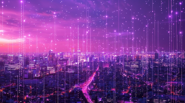 Una impresionante vista nocturna de un vibrante horizonte de la ciudad iluminado por luces de colores contra un telón de fondo de puesta de sol púrpura y rosa