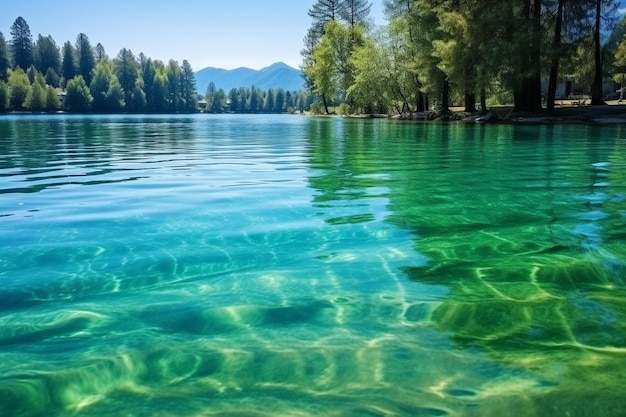 Impresionante vista de las ondas meditativas en el azul claro y tranquilo agua del lago de montaña