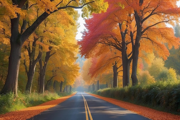 Impresionante vista de otoño de una carretera rodeada de hermosas y coloridas hojas de árboles