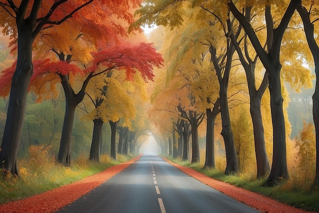 Impresionante vista de otoño de una carretera rodeada de hermosas y coloridas hojas de árboles