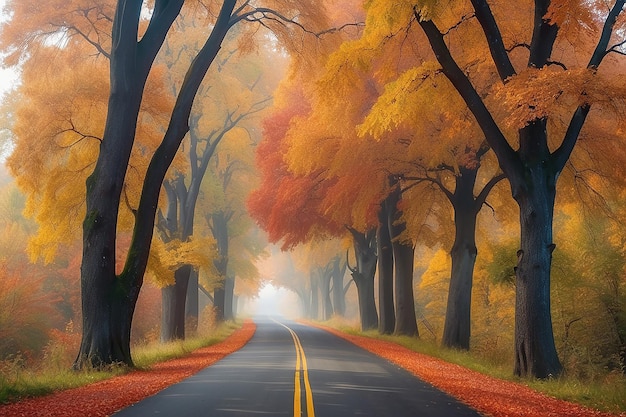 Impresionante vista de otoño de una carretera rodeada de hermosas y coloridas hojas de árboles