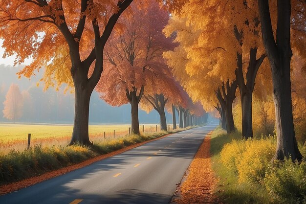 Impresionante vista de otoño de una carretera rodeada de hermosas y coloridas hojas de árboles