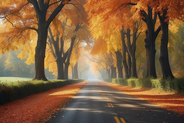 Impresionante vista de otoño de una carretera rodeada de hermosas y coloridas hojas de árboles