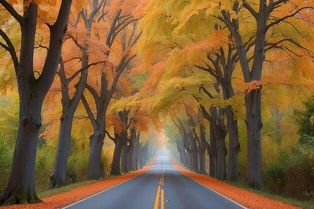 Impresionante vista de otoño de una carretera rodeada de hermosas y coloridas hojas de árboles