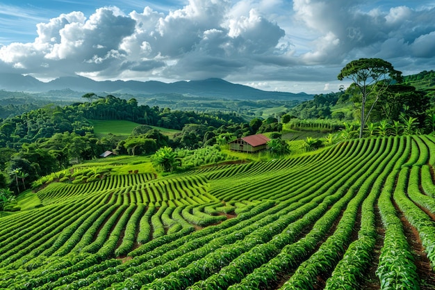 Impresionante vista del paisaje de la exuberante plantación de té verde en las colinas onduladas con una casa rústica debajo