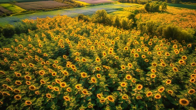 Una impresionante vista de pájaro de un campo de verano lleno de vibrantes campos de girasoles, trigo y flores silvestres