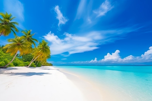 Una impresionante vista panorámica de la playa tropical de la isla de las Maldivas con su pristina arena blanca, exuberantes palmeras y aguas turquesas cristalinas, todo creado por Generative AI