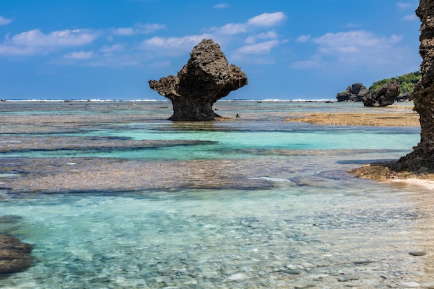 Impresionante vista de una piscina marina natural cristalina rocas costeras en una playa de coral, larga exposición